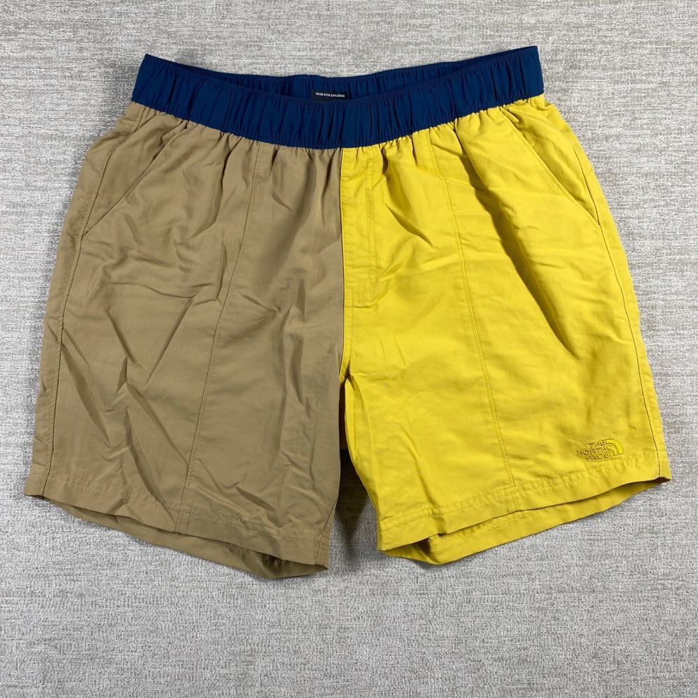 The North Face Class V Belted Shorts Men Large Yellow Tan Colorblock Mesh Liner